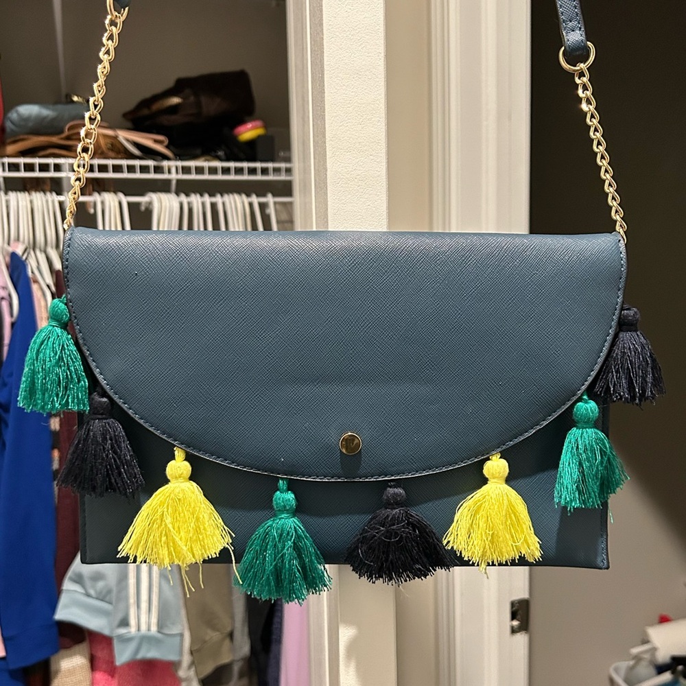 Blue Pom Pom Envelope Style Crossbody Purse NWOT